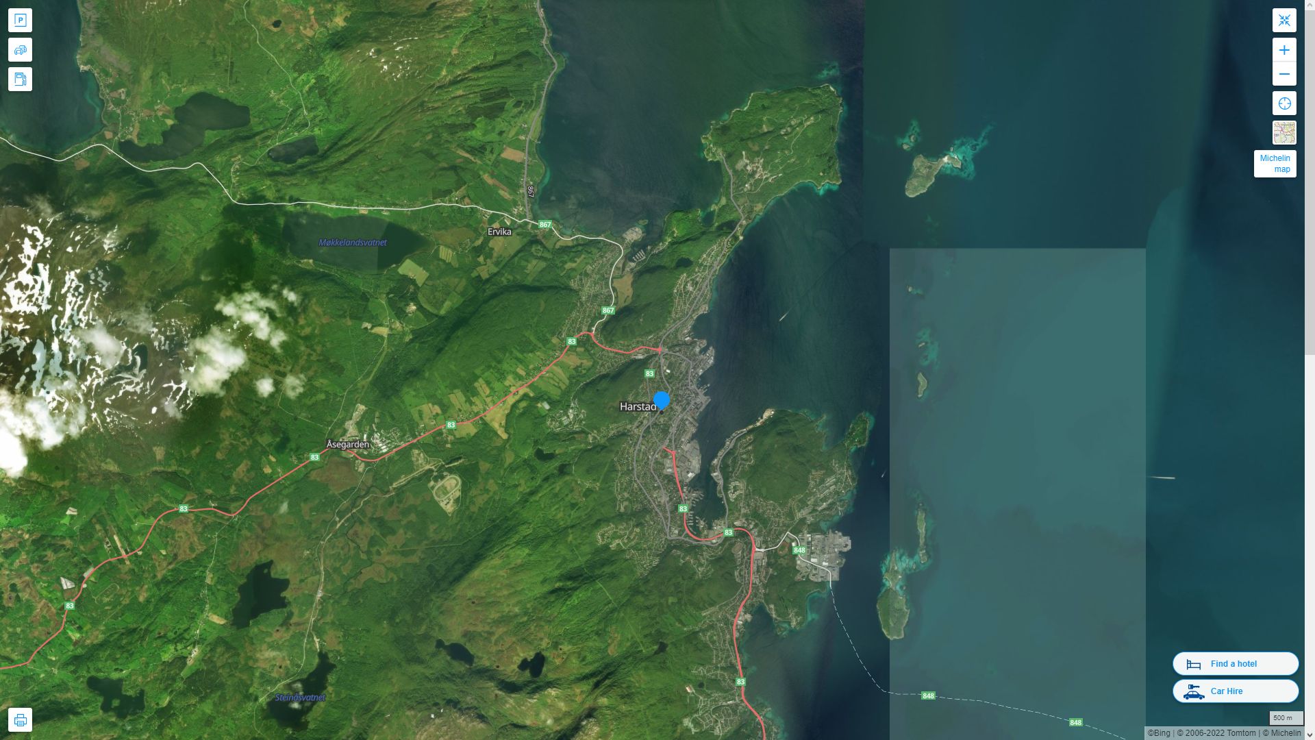 Harstad Norvege Autoroute et carte routiere avec vue satellite
